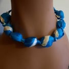Torquoise and White Fabric Covered Beaded Necklace
