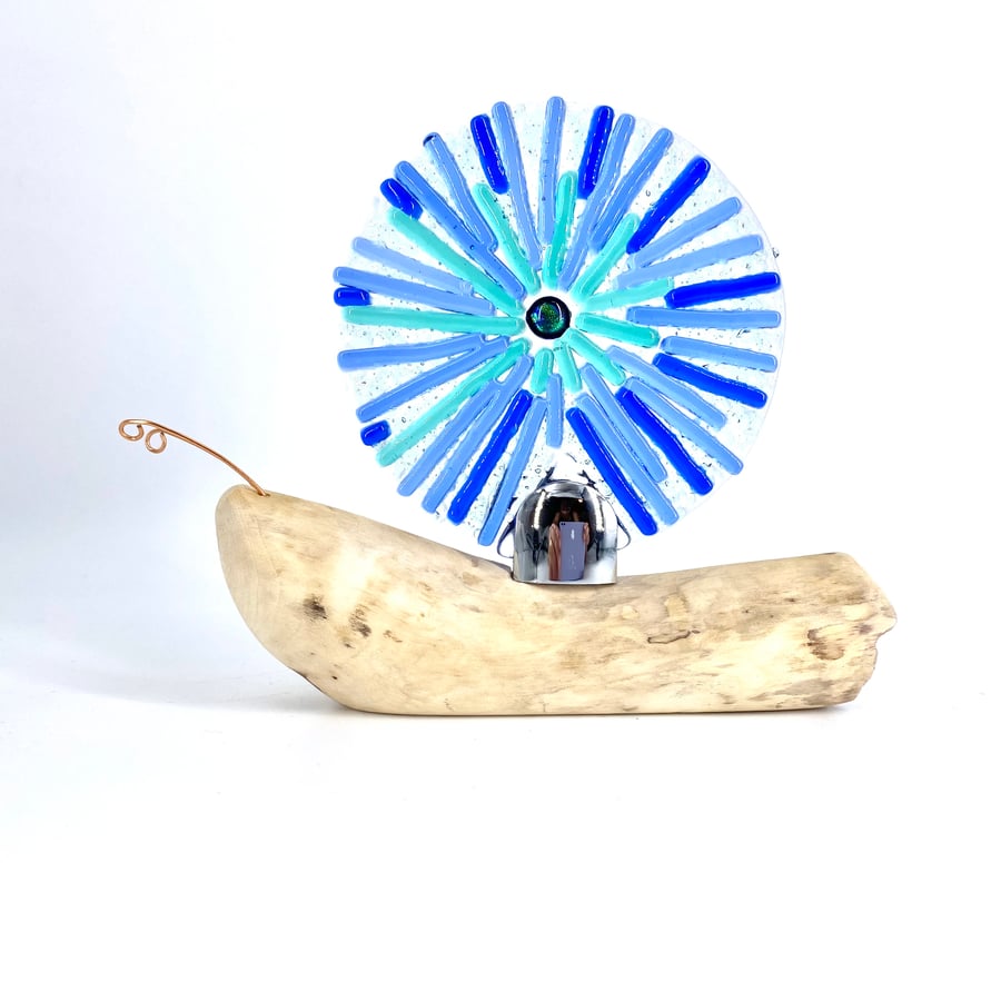 Gorgeous Fused Glass Snail sat on Driftwood