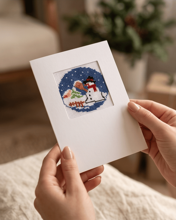 Handmade Cross Stitch Christmas Card, Festive Snowman in Snow Greeting Card