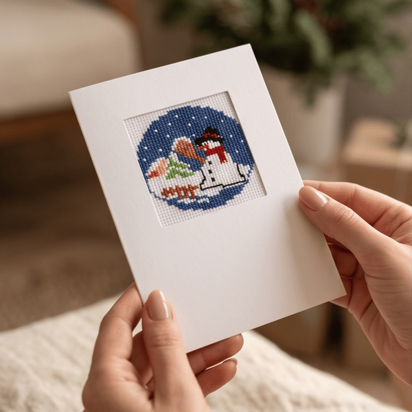 Handmade Cross Stitch Christmas Card, Festive Snowman in Snow Greeting Card