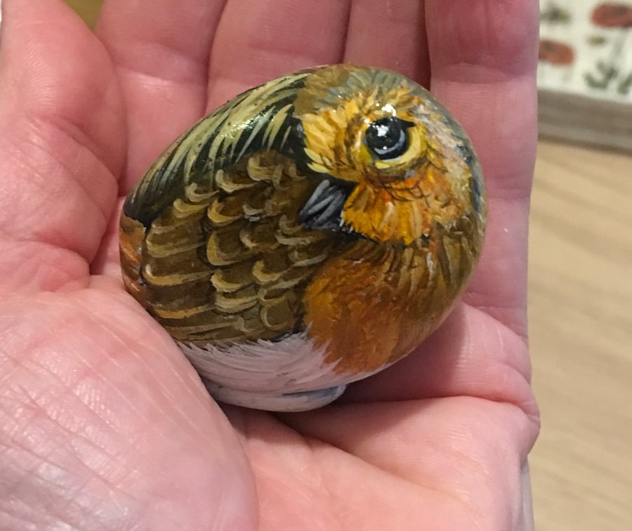 Robin painted stone garden bird rock art portrait 