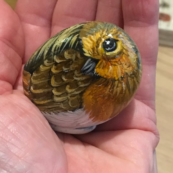 Robin painted stone garden bird rock art portrait 