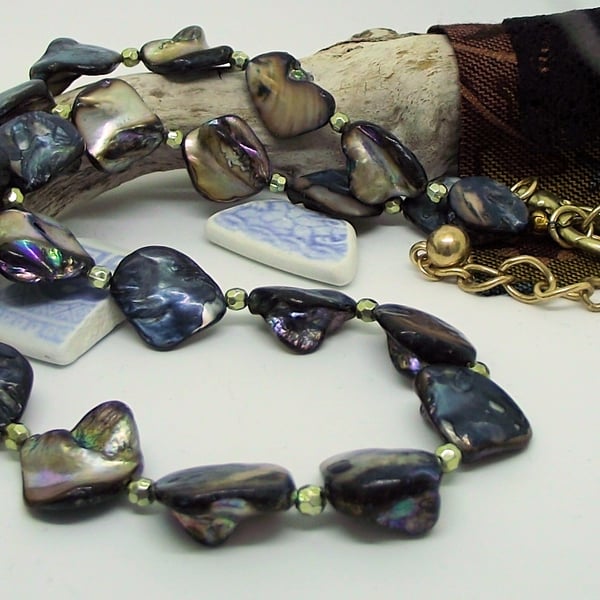 Iridescent peacock blue gold vintage shell necklace