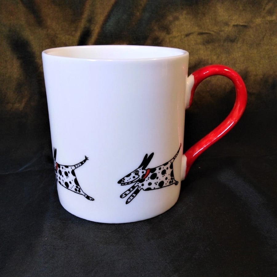 Fine painted mug hand decorated with a happy Dalmatians.