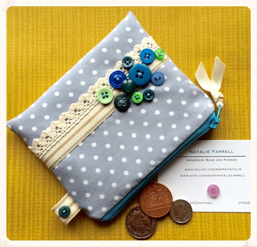 Polka Dot Coin Purse with Lace, Buttons and Ribbon Embellishment