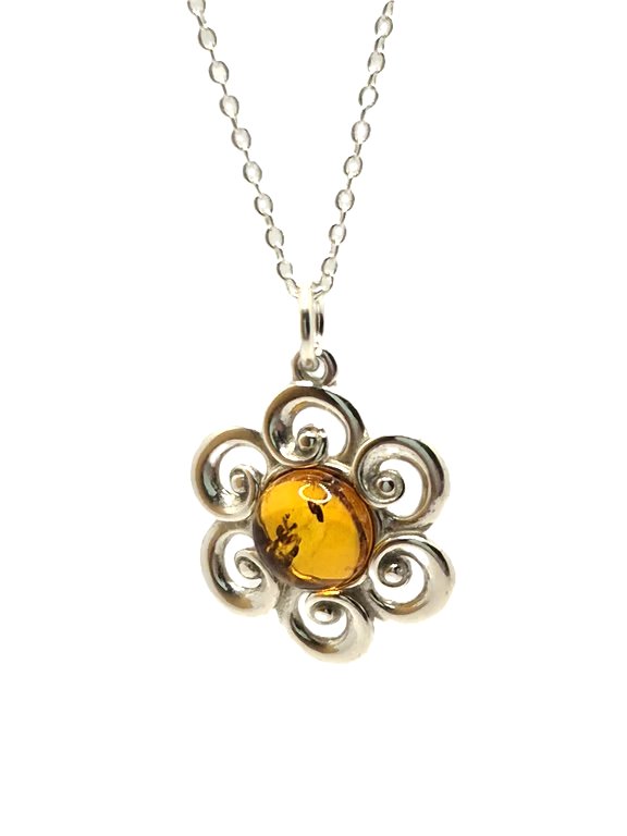 Cognac baltic amber and sterling silver flower pendant and chain