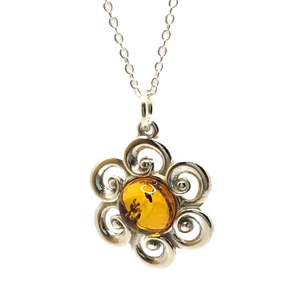 Cognac baltic amber and sterling silver flower pendant and chain