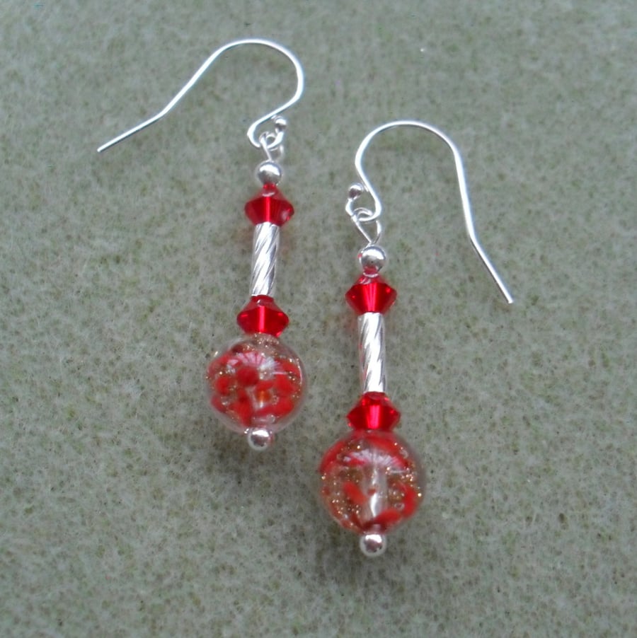 Sterling Silver Red Earrings With Murano Glass Dangle Earrings