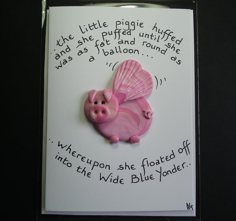Spring Sale ... Handcrafted 'flying-pig' card by Ann Galvin A5 5"x7"
