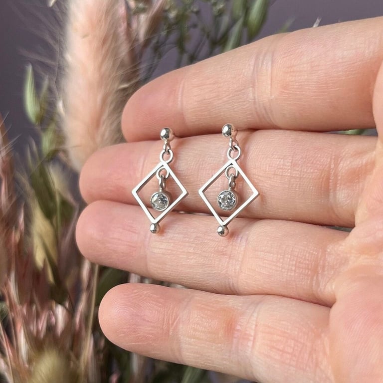 Handmade Square CZ Drop Earrings - Handmade, Sterling Silver