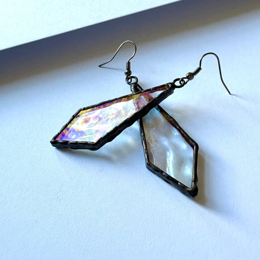 Iridescent and lightly textured stained glass earrings, Statement gifts for Her