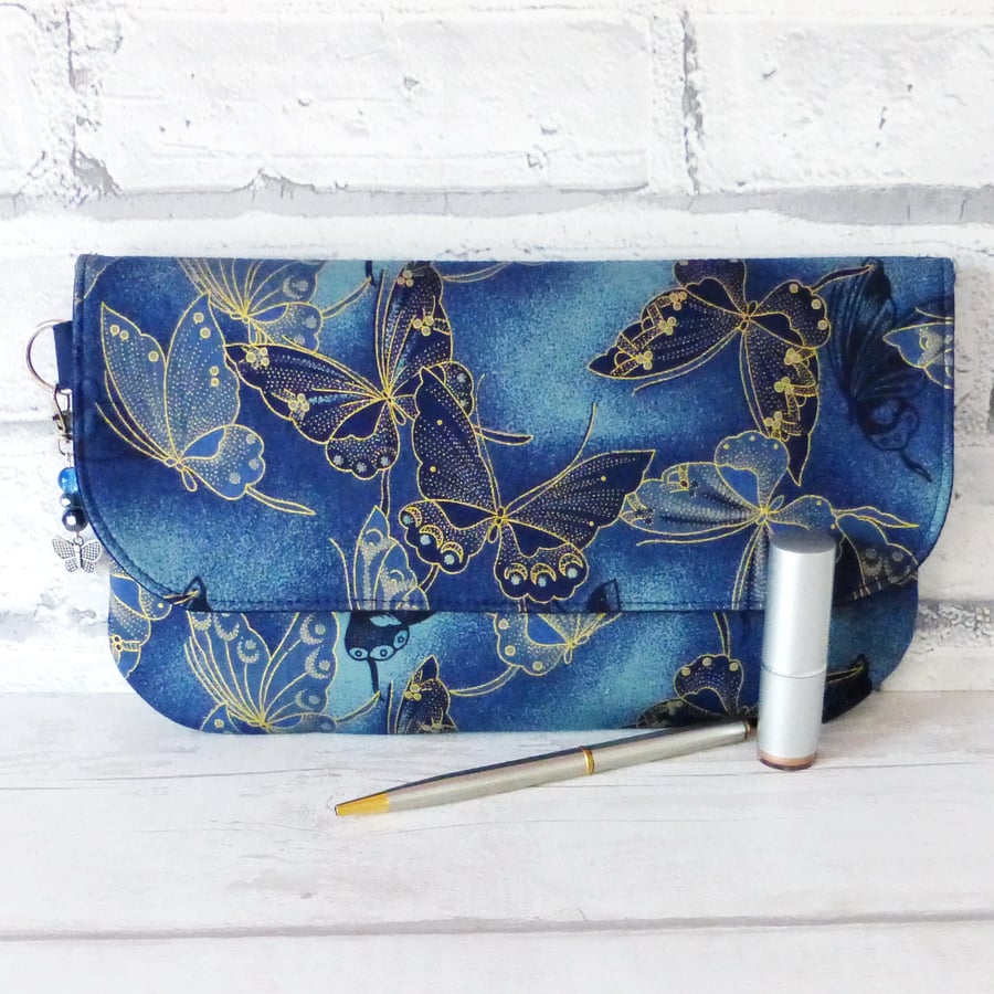 Clutch bag, butterflies, dark blue