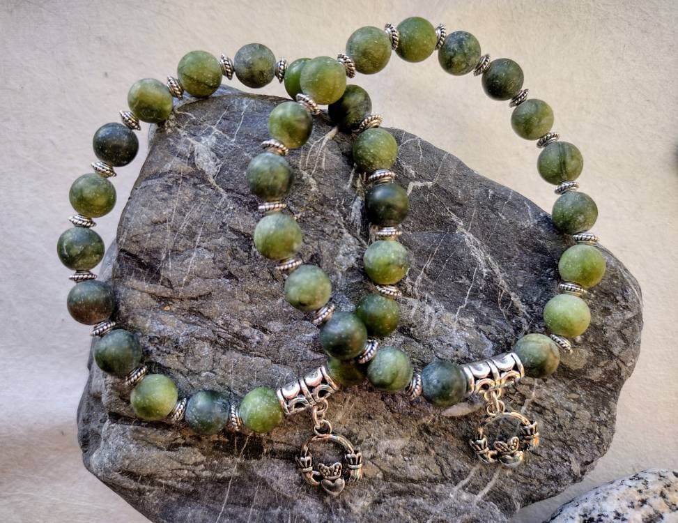 Frosted Jade handmade Claddagh charm bracelet. With natural 8mm green Jade beads