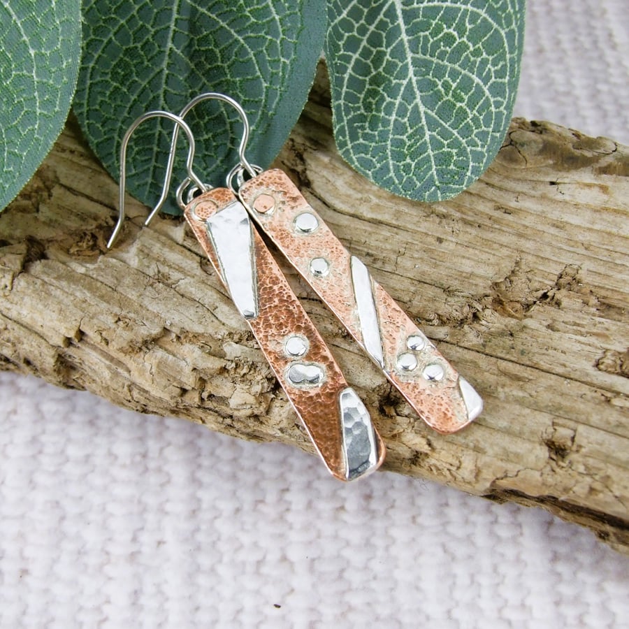 Earrings, Sterling Silver and Copper Mismatched Abstract Design Droppers