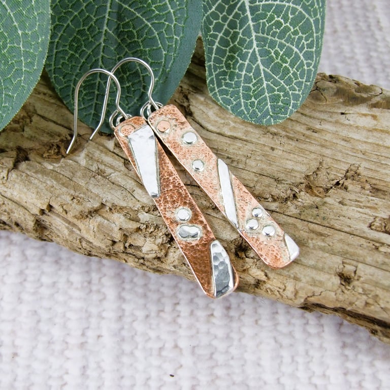 Earrings, Sterling Silver and Copper Mismatched Abstract Design Droppers