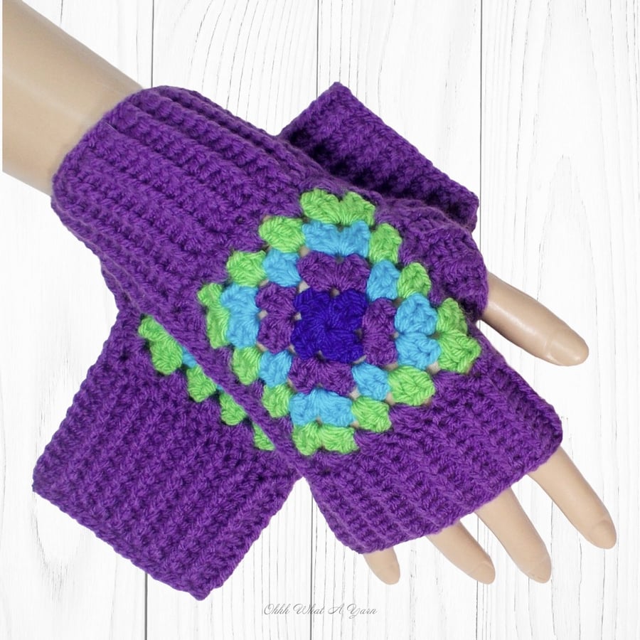 Crochet gloves. Purple peacock colours granny square gloves,fingerless gloves.  