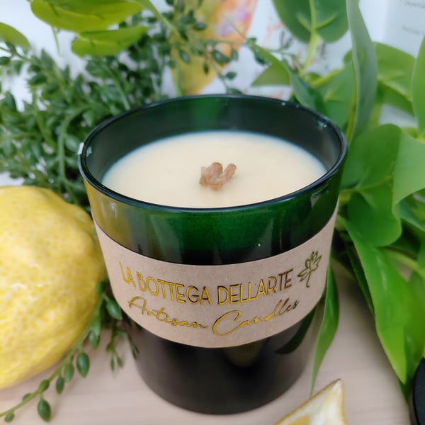 Artisan Sparkling Lemon Soy Wax Candle Emerald Glass Jar Botanical Gift