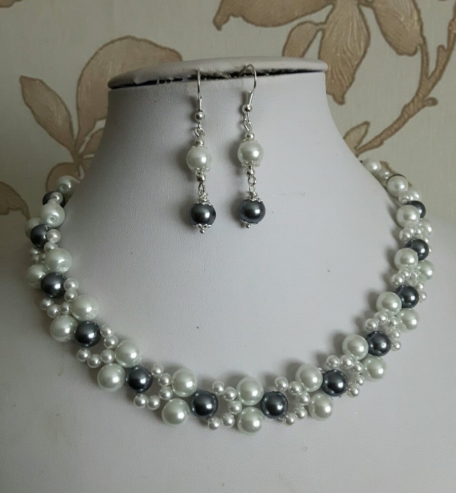 white and grey pearl bead necklace set 16" tbar fastening womens earrings glass