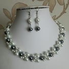 white and grey pearl bead necklace set 16" tbar fastening womens earrings glass