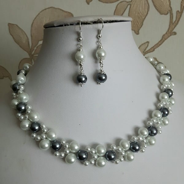white and grey pearl bead necklace set 16" tbar fastening womens earrings glass
