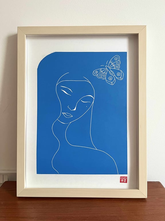 Butterfly: minimalist linocut print, cosy whimsical blue wall art