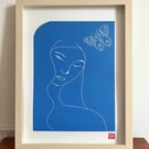 Butterfly: minimalist linocut print, cosy whimsical blue wall art