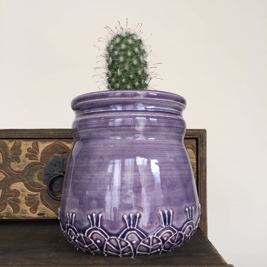 Purple ceramic pot small pottery vase beautiful raised pattern plant pot