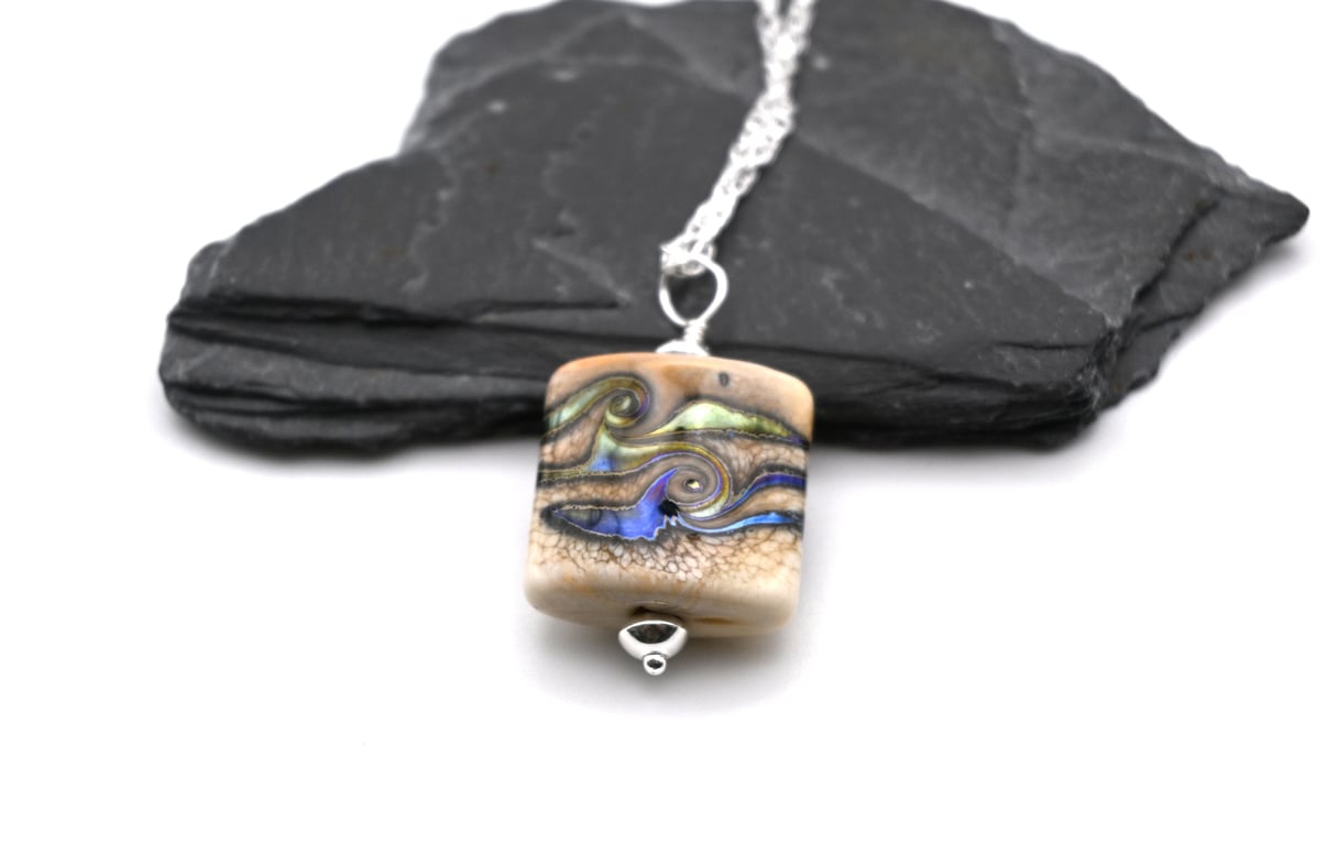 lampwork glass pendant necklace, ivory and silver