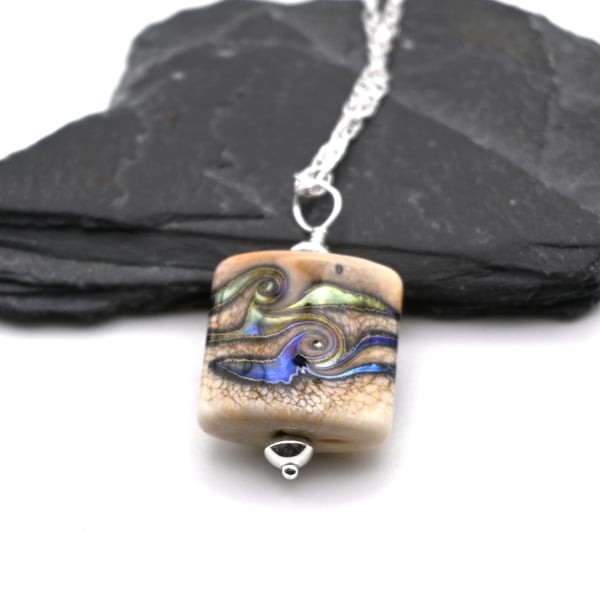 lampwork glass pendant necklace, ivory and silver