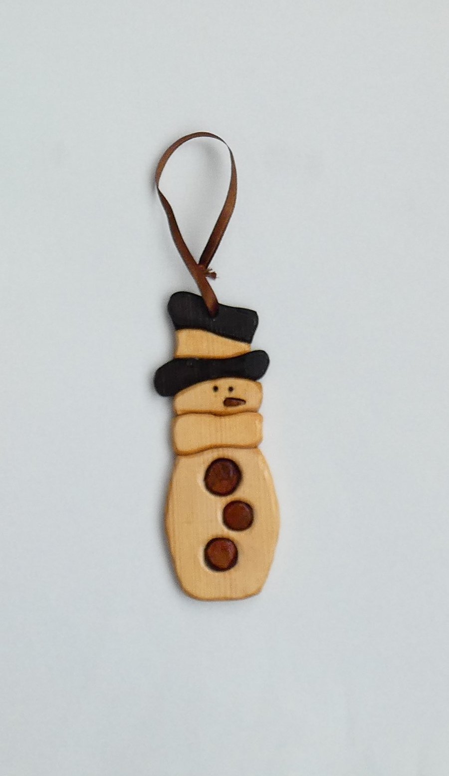 Unusual Wooden Snowman with a Black Hat and Scarf Christmas Decoration