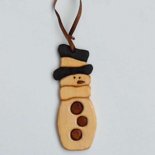 Unusual Wooden Snowman with a Black Hat and Scarf Christmas Decoration