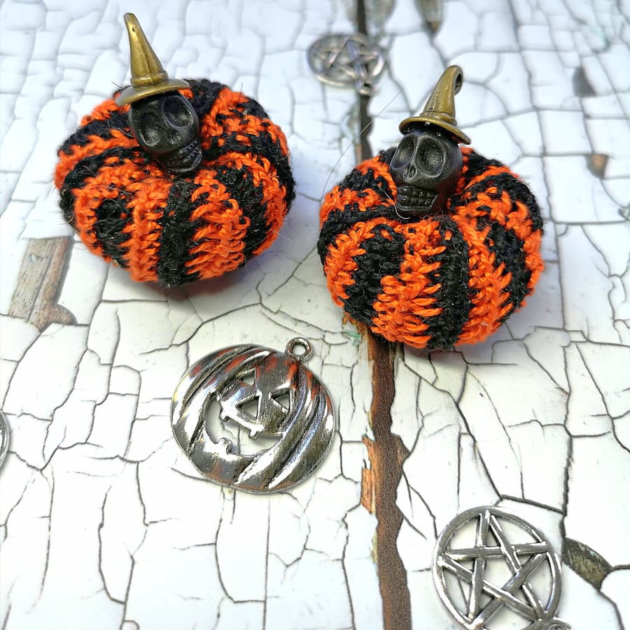 Pumpkin Skull Earrings, Black and Orange.  Ready to Post.