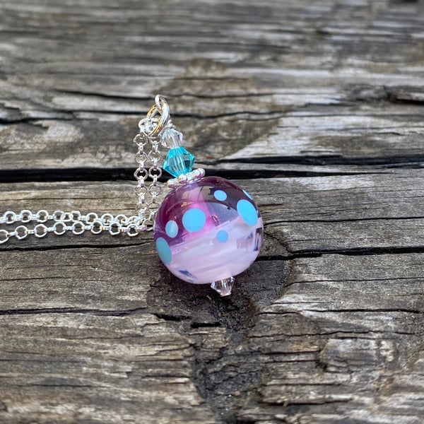 Pink round Lampwork Glass Pendant Necklace. Sterling Silver. 