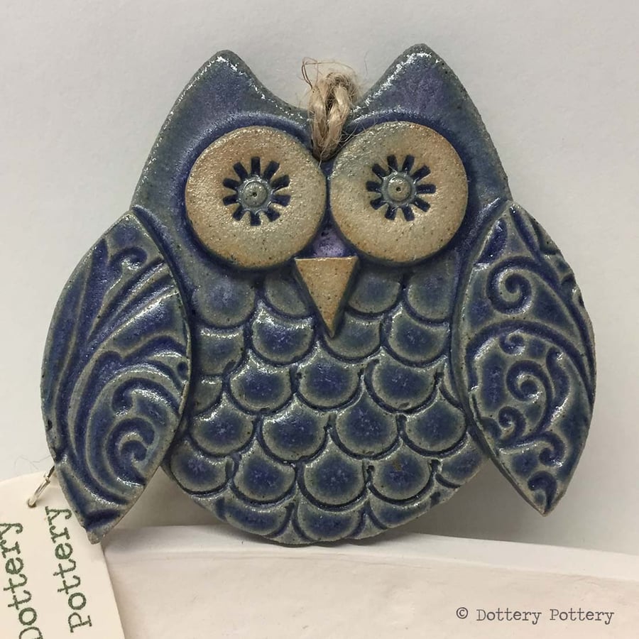 Ceramic owl hanging decoration Pottery owl ceramic bird Blue