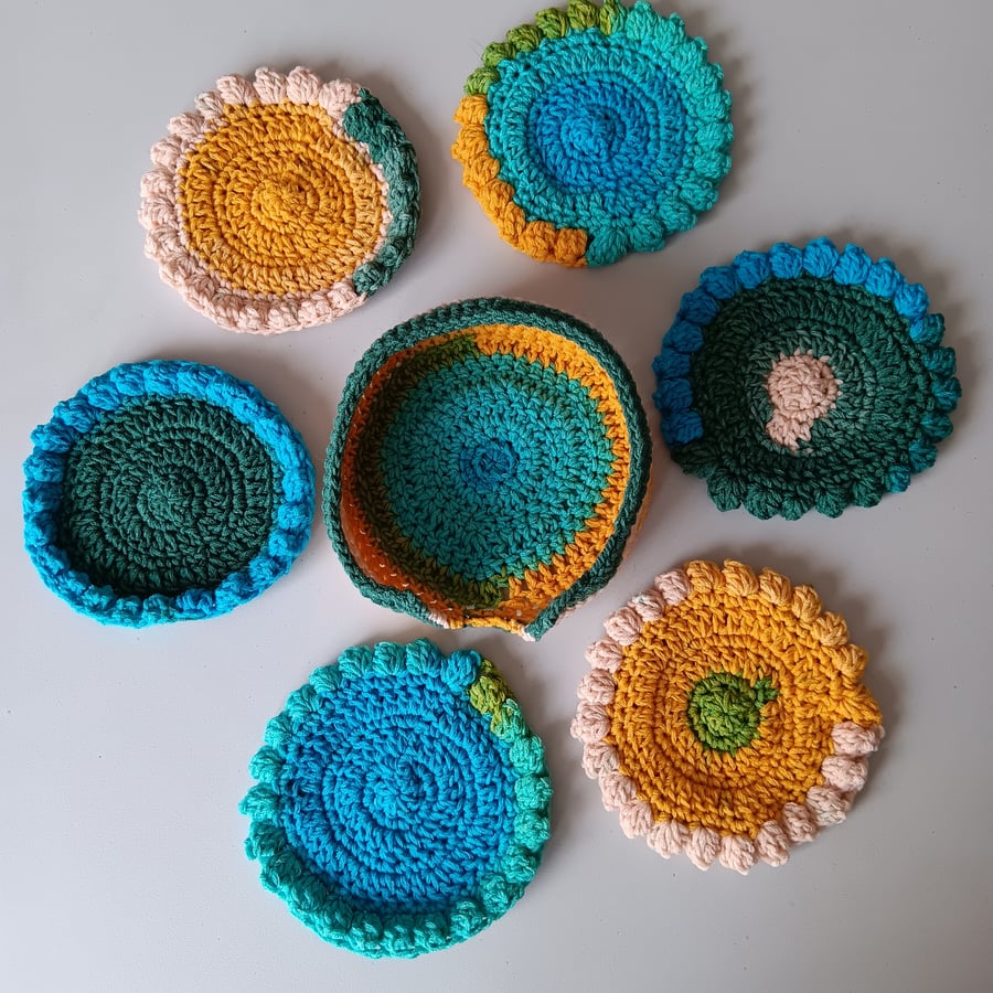 NOT AVAILABLE? Crochet Coasters (Sky & Ocean) - set of 6 plus holder