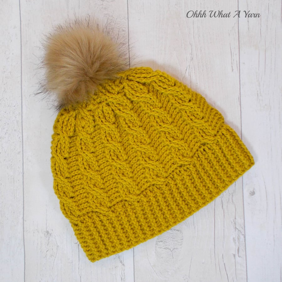 Ladies gold mustard cable pom pom hat. Crochet hat. Ladies hat.