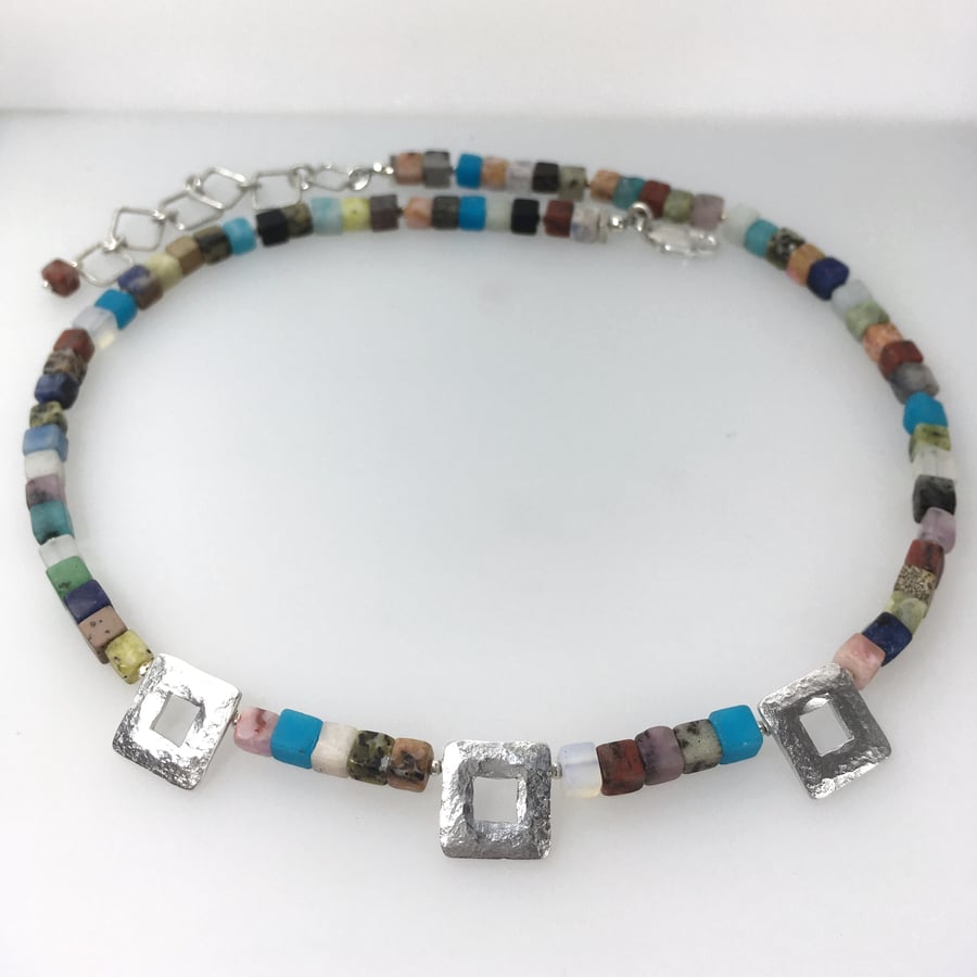 Sterling silver square bead multi coloured necklace.