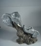 Ceramic Grey Elephants Mother & Baby Animal Brown Driftwood Figurine Ornament. - Image 1