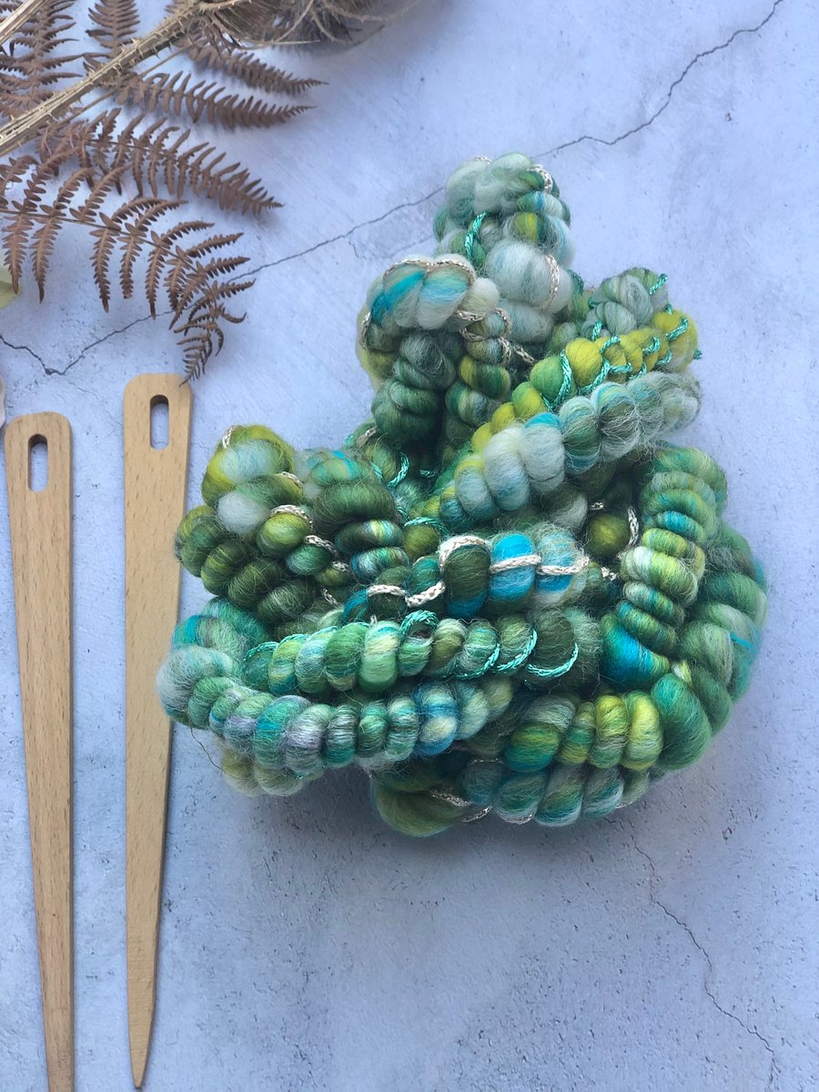 Green Art Yarn. Chunky Handspun Yarn for weaving and knitting. Funky Novelty