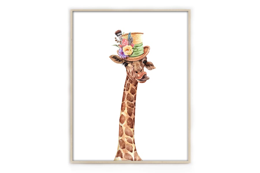 Funny giraffe in a hat wall print, giraffe wall decor, funky giraffe art print