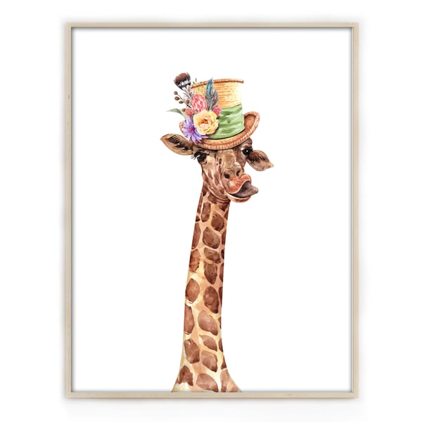 Funny giraffe in a hat wall print, giraffe wall decor, funky giraffe art print