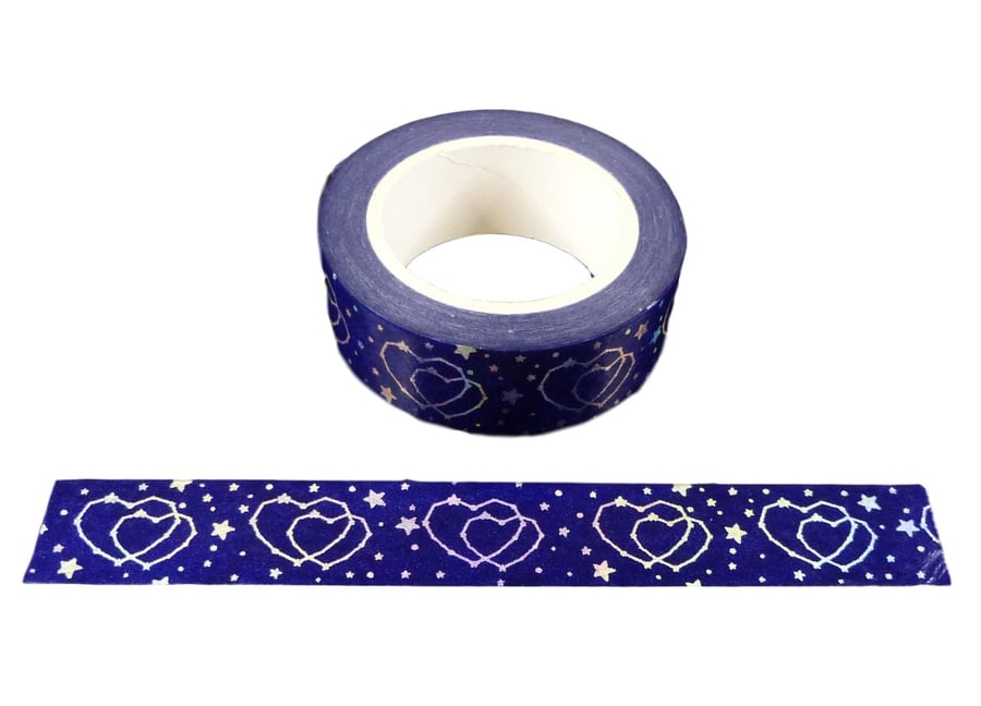 Blue with Silver Holographic Foil Double Hearts Washi Tape UK Decorative Masking