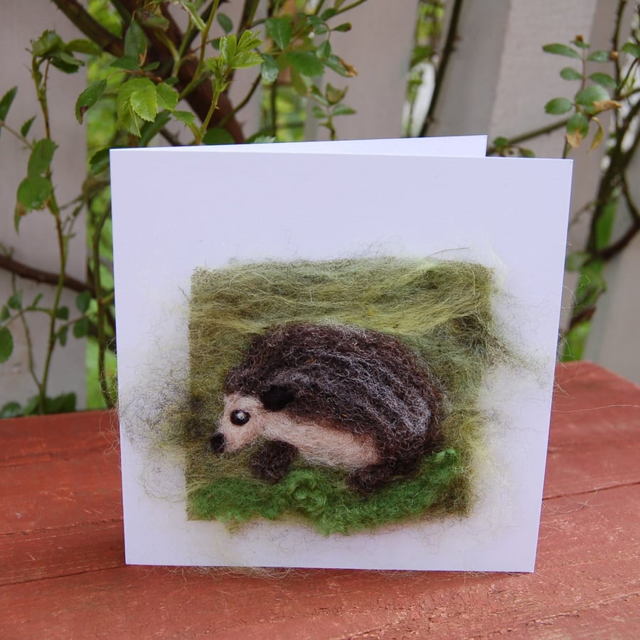 Birthday card. Needle felt hedgehog. Blank greetings card with hedgehog design