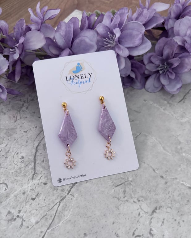 Lilac Polymer Clay Earrings with Zircon Sun  Charms - Lightweight 
