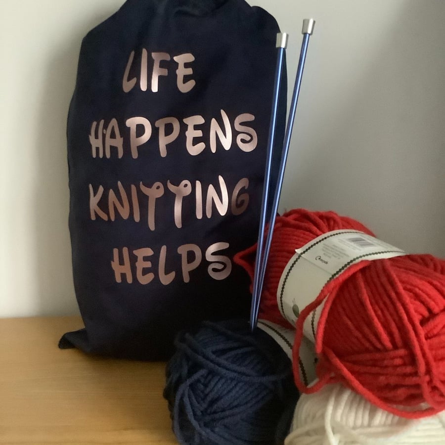 Life Happens Knitting Helps ,Large 100% cotton knitting Sack with drawstring.