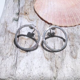 Hammered Sterling Silver Hoop Stud Earrings (ERSSSTHP2) - UK Free Post