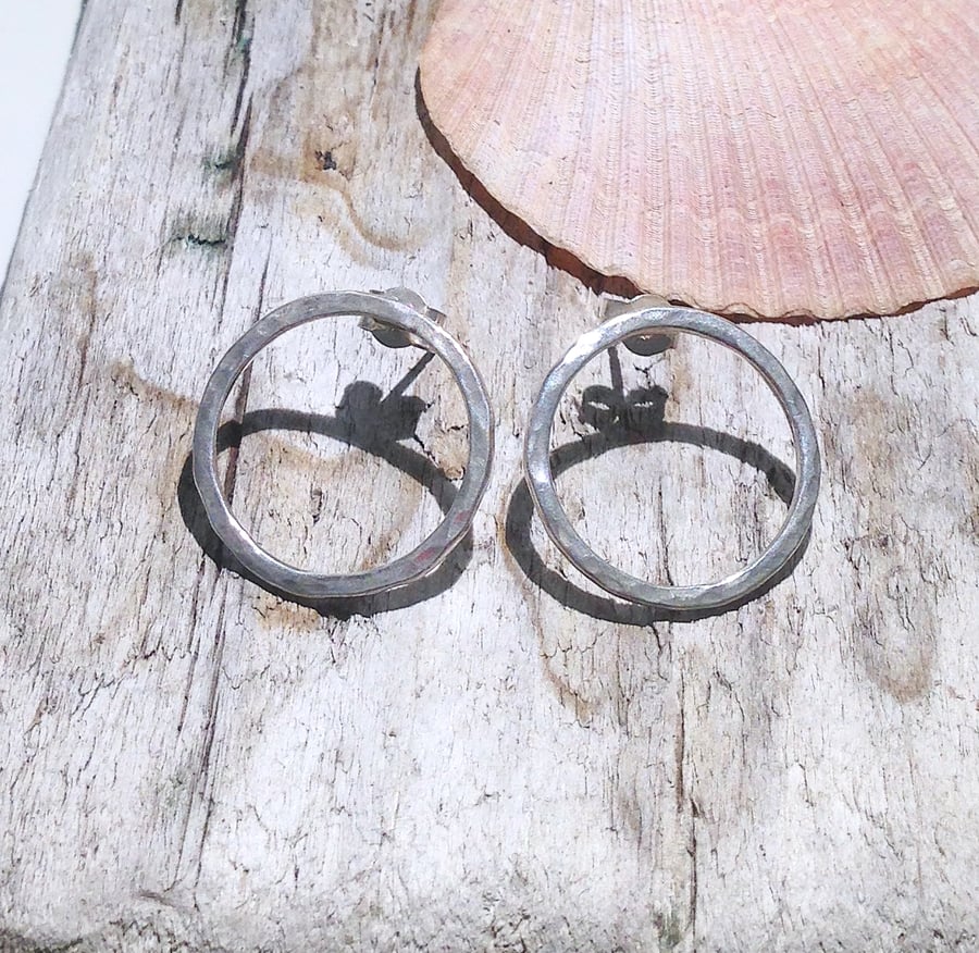 Hammered Sterling Silver Hoop Stud Earrings (ERSSSTHP2) - UK Free Post