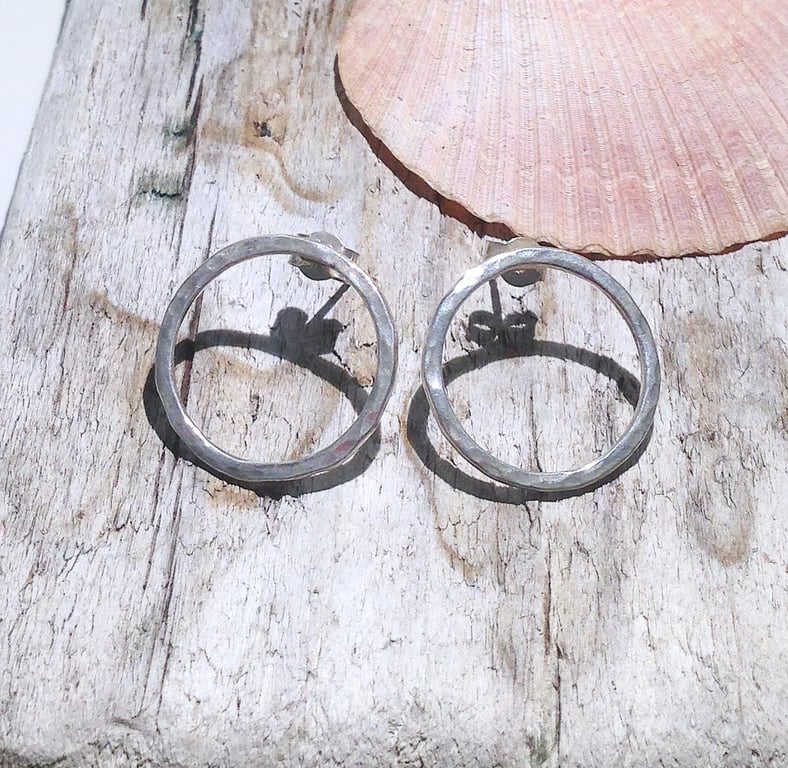 Hammered Sterling Silver Hoop Stud Earrings (ERSSSTHP2) - UK Free Post