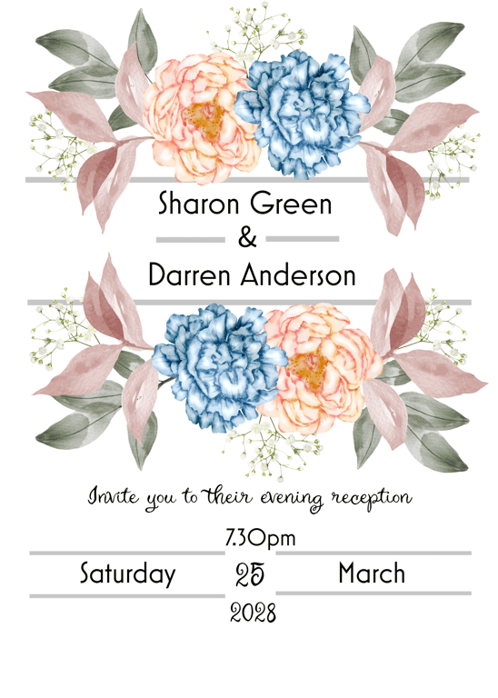 Blush & Blue Bloom Evening Wedding Invitation, Floral Invite, Handmade Envelope