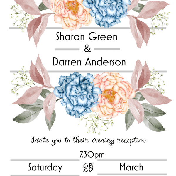 Blush & Blue Bloom Evening Wedding Invitation, Floral Invite, Handmade Envelope